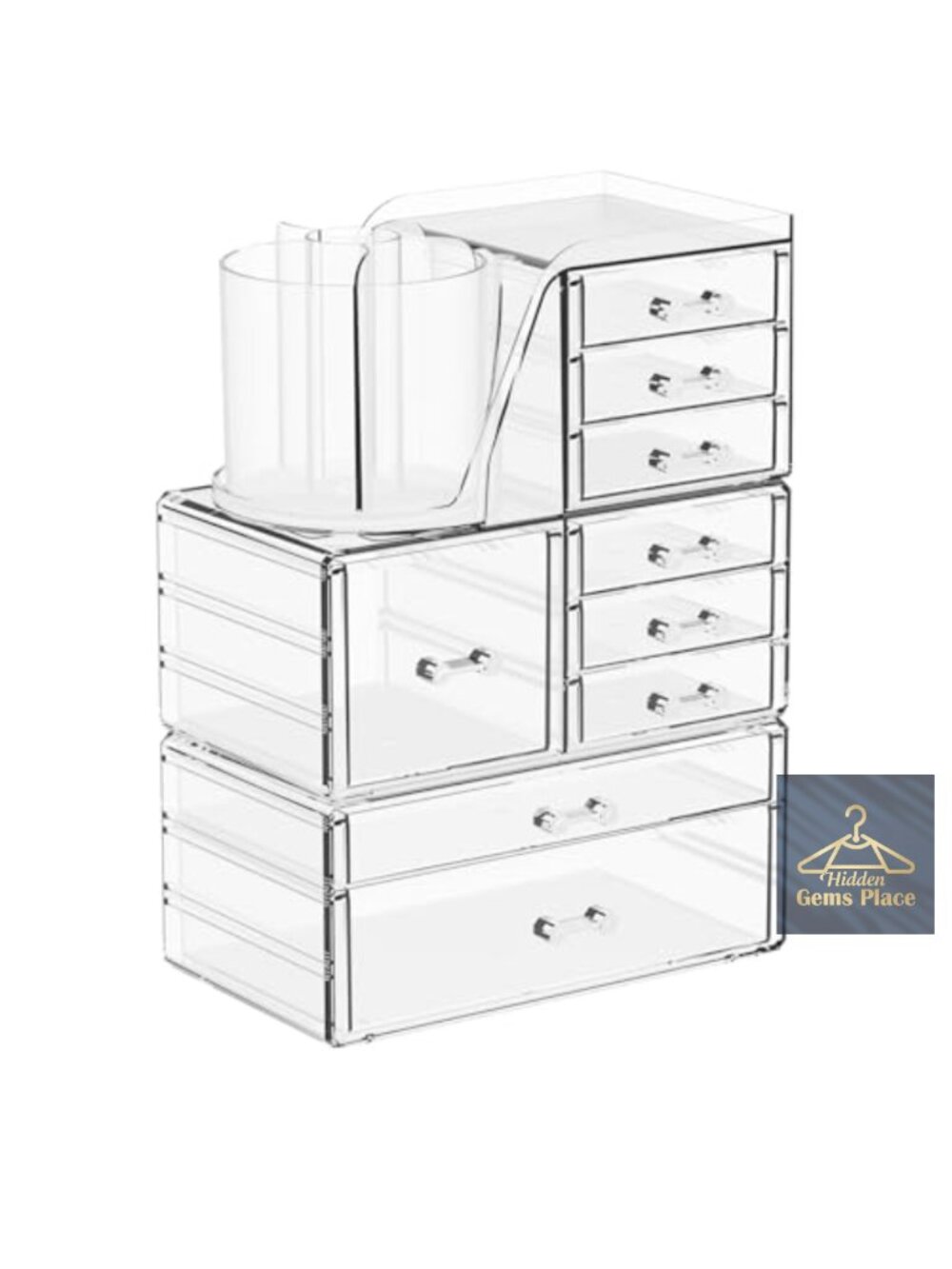 Acrylic 3-Piece Makeup Organizer with 9 Drawers & Rotating Brush Holder for